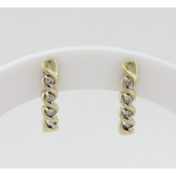 10k Yellow Gold Diamond Half Hoop Earrings 3/4" x 1/4" - Picture 1 of 9